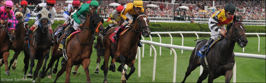 A horse with an easy lead ahead of the pack