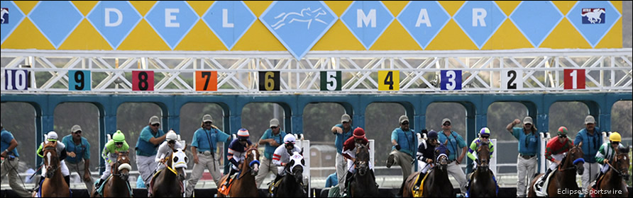Horses leave the gate at Del Mar.