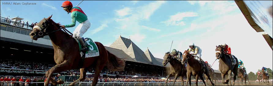 Horse winning a race at Saratoga