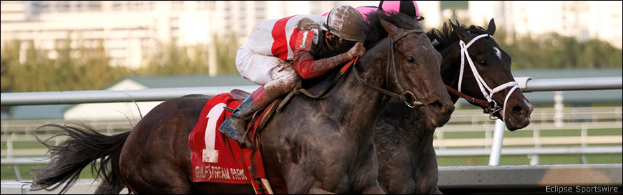 Horses battle in the stretch at Gulfstream Park.